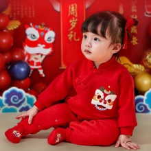 婴儿连体衣红色秋冬季百天拜年衣服抓周宴一周岁礼服男女 宝宝套装